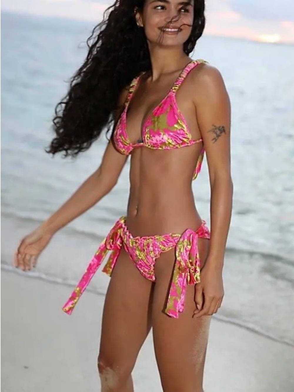 Free People Bright Pink & Green Floral Tie-Side Bikini